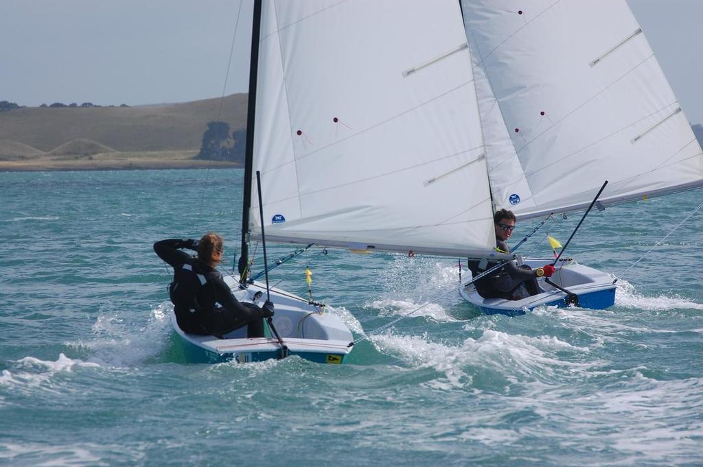 Libby Porter (Auckland) and Henry Gautrey (Wellington) battle for advantage - 2014 Starling Match Racing © Brian Peet